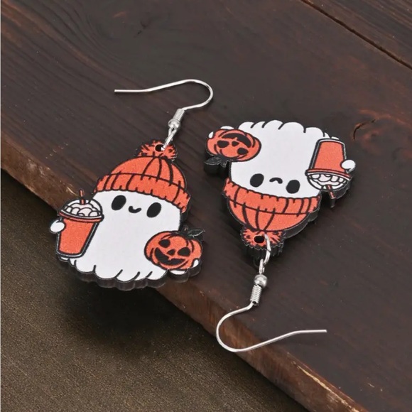Ghost with Pumpkin and Cappuccino Dangle Earrings 👻🎃👻 - Picture 3 of 4